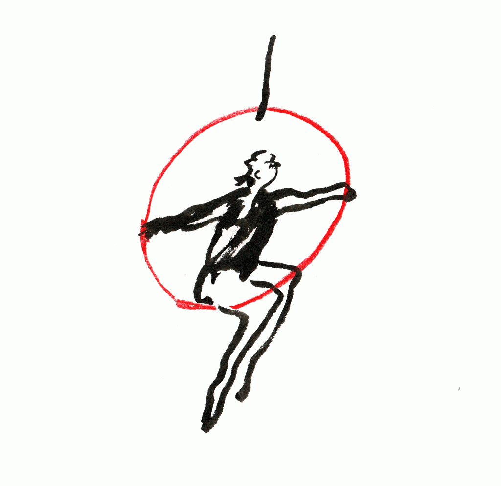 GIF: A character drawn in black sits on a red circus hoop, which twirls on itself 360 degrees infinitely.