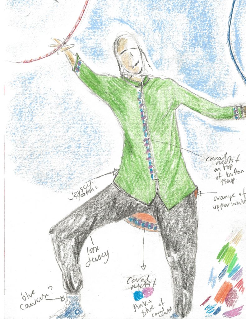 Splash by Extraordinary Bodies - Costume design illustrations by Laura Guthrie - A circus performer reaching for an aerial hoop, wearing black trousers, a long green tunic with coral details on the buttons.