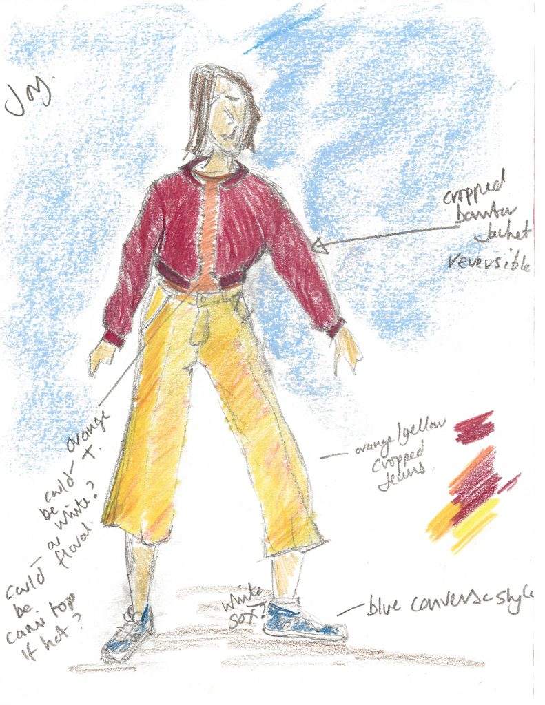 Splash by Extraordinary Bodies - Costume design illustrations by Laura Guthrie - A girl wearing red zipped jacket and 3/4 length yellow trousers and blue converse shoes.