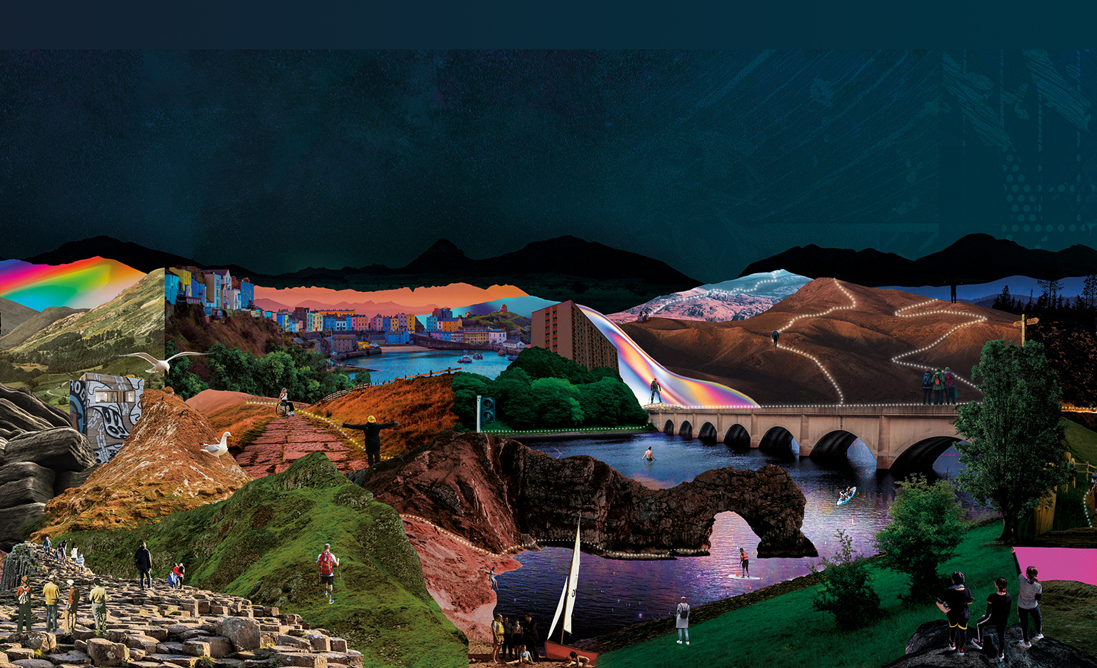 A futuristic-style image made of multiple photos of British landscapes all brought together to create one seamless panorama. Small colourful gradients fill some of the water and mountain areas. The left side shows daytime scenes and as it progresses to the right, the landscapes gradually turns into nighttime.