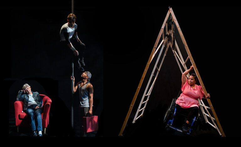 Four performers on a dark stage. The left half of the image is filled with a large ladder, under which a white woman in her thirties stands, balancing herself on a wheelchair. She tips the wheelchair onto its back wheels with her weight, holds onto the ladder with one arm, and smiles, looking proud and strong. To her left, a mixed race man in his thirties stands, holding an old rectangular red school suitcase in his left hand. He looks up dreamily to the third performer, who is a white man in his forties. The third performer is about two metres above the ground, using his left arm to clamp himself onto the bar. His looks like he is almost sitting in the air. His face is in the shadow. Below, on the far left, a white woman in her seventies sits on a red armchair. Its colour matches the second performer's travel case. She rests her head on her right hand, her elbow resting on the armchair. Her eyes are closed.