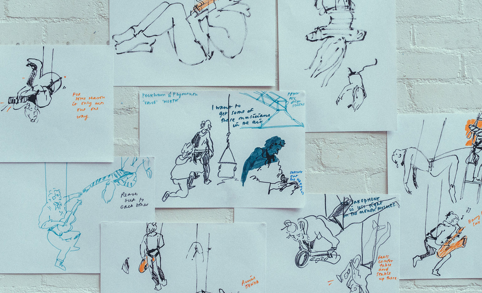 Photo of some drawings taped onto a white wall, some pages overlapping. They drawings are rough sketches with orange and blue tones, showing a diverse group of circus artists working together in a room and includes notes too.