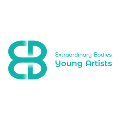 Logo for Extraordinary Bodies Young Artists. A teal-coloured shape on the left: a rounded E merges into a rounded B. The shape looks a bit like a sailors knot. On the right, words read: "Extraordinary Bodies Young Artists".