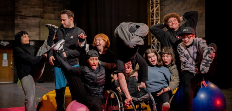 - Waldo's Circus of Magic and Terror. Credit: Paul Blakemore and Extraordinary Bodies. From left to right: Mirabelle Gremaud, Jack Reitman, Raphaella Julien, JoAnne Haines, Jonny Leitch, Abbie Purvis, Tilly Lee-Kronick, Dominic Owen and Brooklyn Melvin. The cast are all pulling silly expressions while posing in wacky ways like: handstands on a wheelchair and stretching legs up in the air.