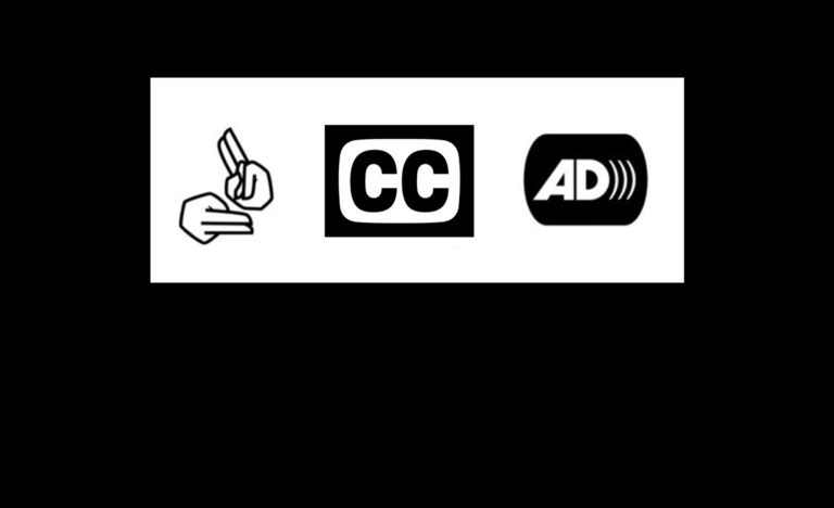 Icons for sign language interpretation, closed captions and audio description.